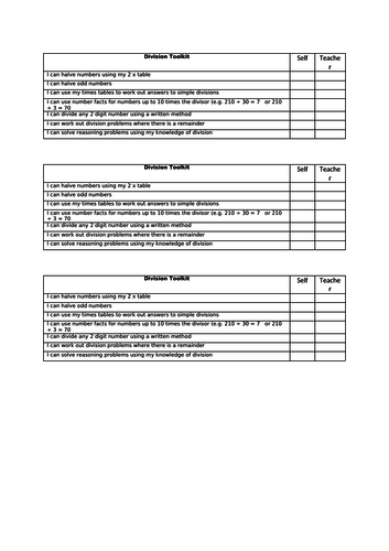 Pre/post assessment + toolkits Division Year 4