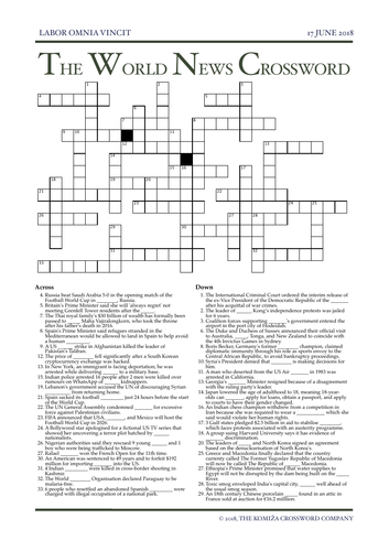 The World News Crossword - June 17th, 2018