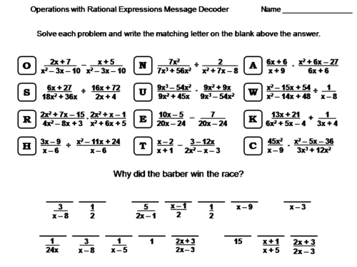 Operations with Rational Expressions Worksheet: Math Message Decoder