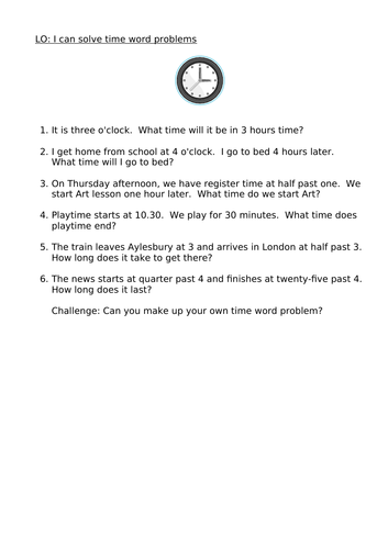 Time Word Problems year 3/4
