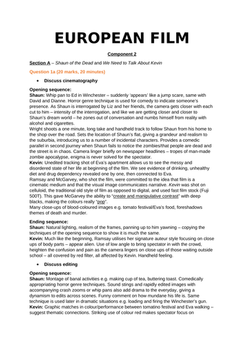 European Film (Shaun Of The Dead, We Need To Talk About Kevin, Mustang) - WJEC AS Film Studies