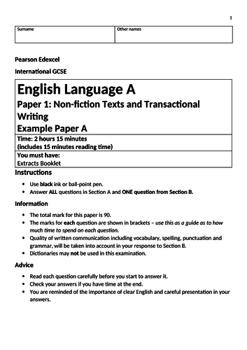 Edexcel IGCSE English Language Sample Exam Paper by dadyburb | Teaching ...