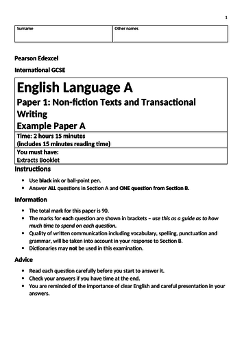 Edexcel Igcse English Language Sample Exam Paper Teaching Resources ...