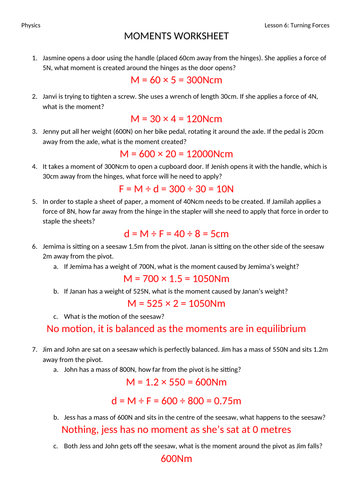 Turning Forces (Moments) Worksheet