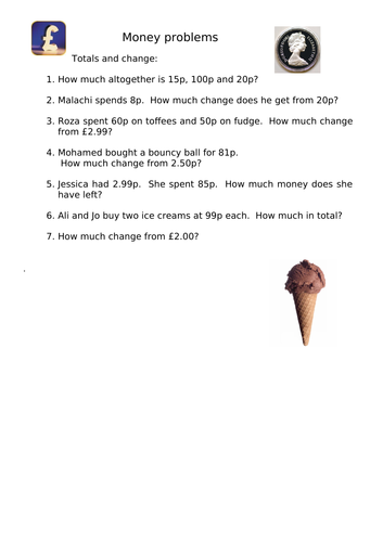 Worksheet - money word problems