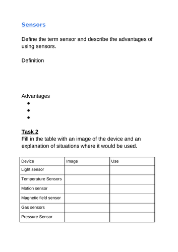 IGCSE Computer science sensors worksheet