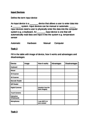 IGCSE Computer science input devices worksheet