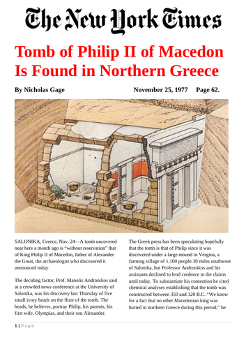 Newspaper article - Tomb of Philip II of Macedon is Found in Northern Greece
