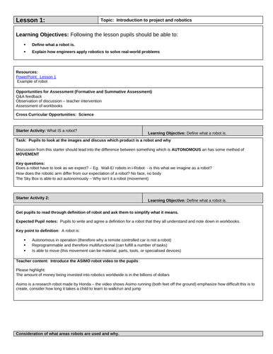 Design Technology Robotics Project. Lesson Plans and Work booklet