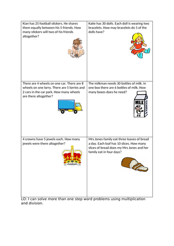 one and two step word problem multiplication and division Y2