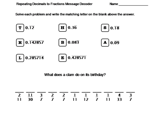 Repeating Decimals to Fractions Worksheet: Math Message Decoder