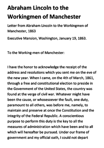 Abraham Lincoln to the Workingmen of Manchester Handout