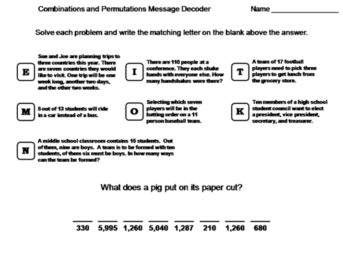 Combinations And Permutations Worksheet Math Message Decoder Teaching Resources