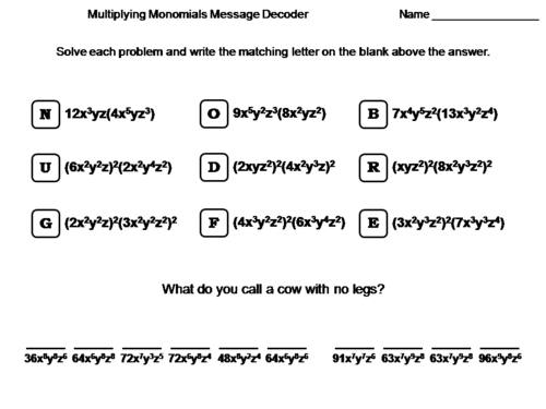 Multiplying Monomials Worksheet: Math Message Decoder