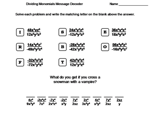 Dividing Monomials Worksheet: Math Message Decoder