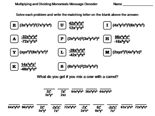 Multiplying and Dividing Monomials Worksheet: Math Message Decoder
