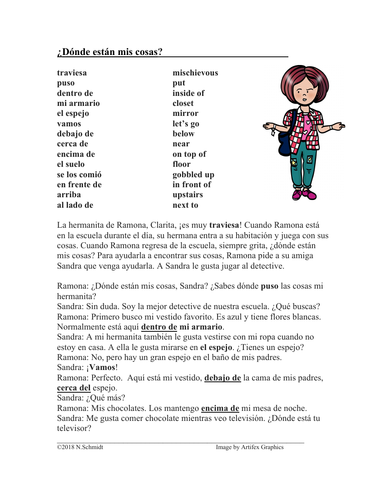 Spanish Prepositions of Place Reading ¿Dónde están mis cosas? (Preposiciones)This 3-page file includ