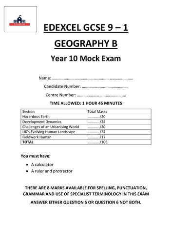 Edexcel GCSE Geography B Year 10 Mock Exam