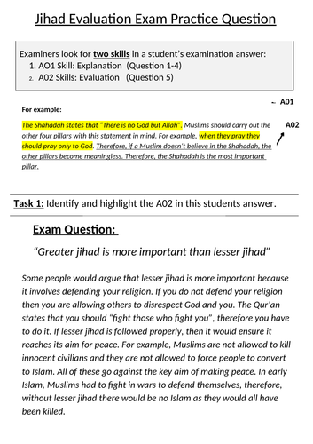 GCSE AQA Islam 12 mark exam practice model answer on Jihad
