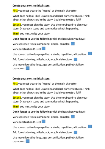 Myths and Legends - Create your own. Differentiated High and Low Ability.