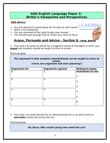 AQA (new 2015 Spec) Task Bank for Writing to Argue, Persuade and Advise (with 2 extension tasks)