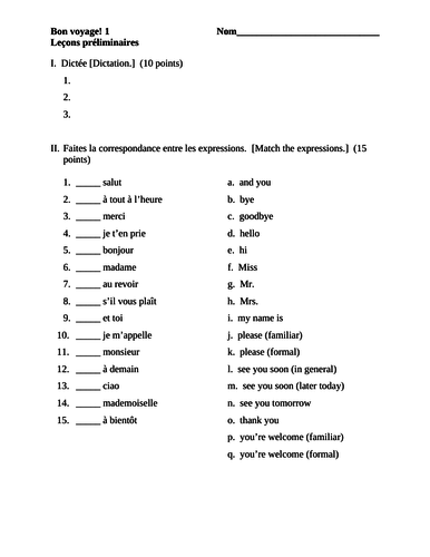 Bon Voyage 1 Leçons préliminaires Test