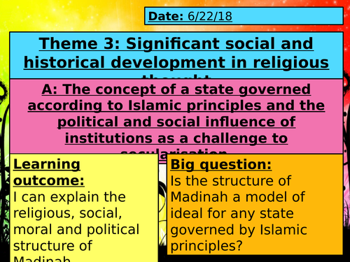 Eduqas (new spec) Theme 3 part A- concept of a state governed according to Islamic principles- A Lev
