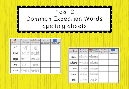 Year 2 Common Exception Words - Spelling Sheets