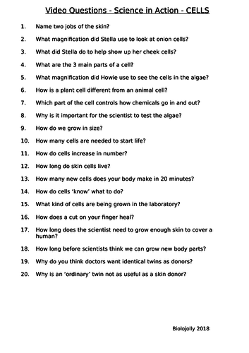 Cells - Science in Action - Questions to accompany video