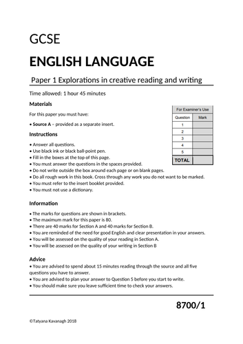 GCSE English AQA exam Paper 1 QP (mock) | Teaching Resources