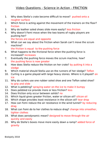 Friction - Science in Action - Questions to accompany video