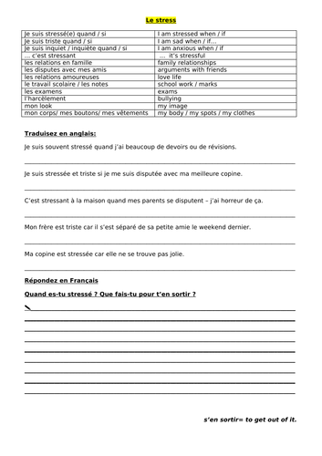 GCSE French worksheet on Stress and Well being