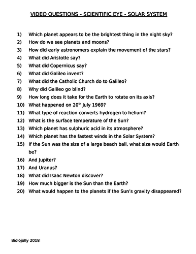 Solar System Scientific Eye Questions To Accompany Video