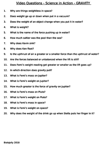 Gravity Science In Action Questions To Accompany Video Teaching Resources