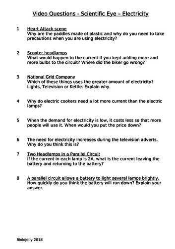 Electricity - Scientific Eye - Questions to accompany video