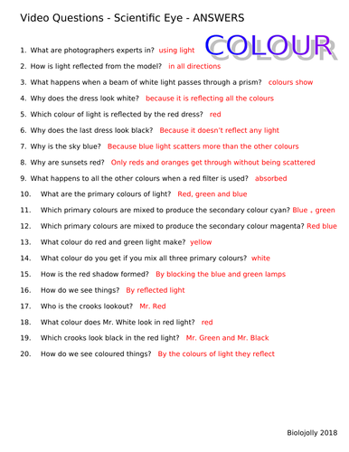 Colour - Scientific Eye - Questions to accompany video