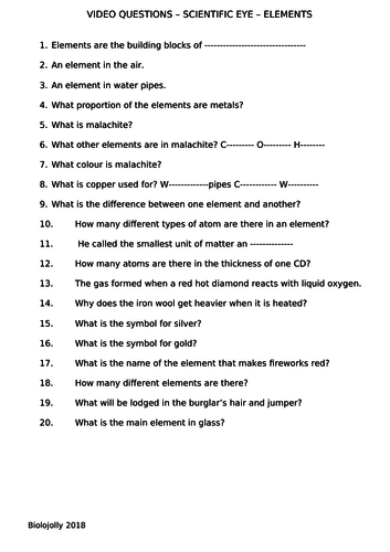 Elements - Scientific Eye - Questions to accompany video