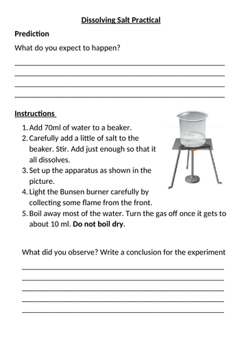Dissolving salts practical worksheet and instructions