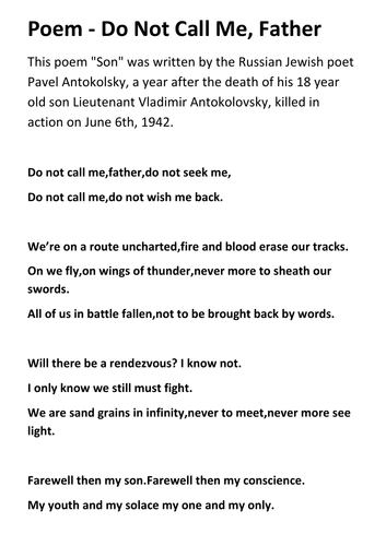 Poem Do Not Call Me, Father - World War Two Russia Handout