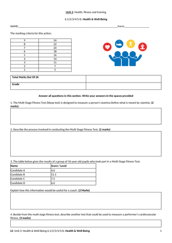 IGCSE PE (spec 2018) 6.1/2/3/4/5/6. Simple Health, Fitness & Training Exam