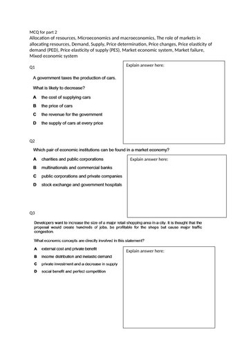 CIE 2020-2022 iGCSE Economics, allocation, Market equilibrium, disequilibrium, PED, PES, demand