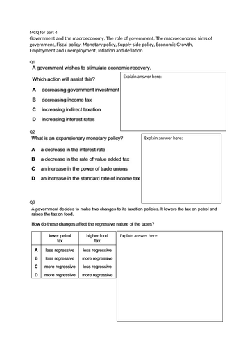 CIE 2020-2022 iGCSE Economics, macroeconomic, Fiscal, tax, Supply-side policy, inflation & deflation