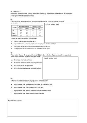 CIE 2020-2022 iGCSE Economics, GDP, HDI, Poverty, Population Differences, developing countries