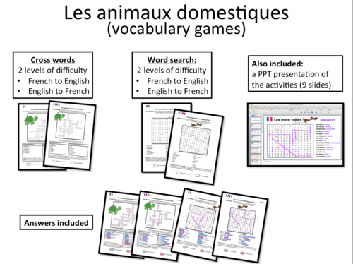 Les animaux (domestiques)/ Pets-crosswords and word search- French