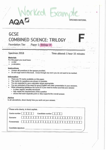 AQA Combined Science B1F worked example 2018 specimen