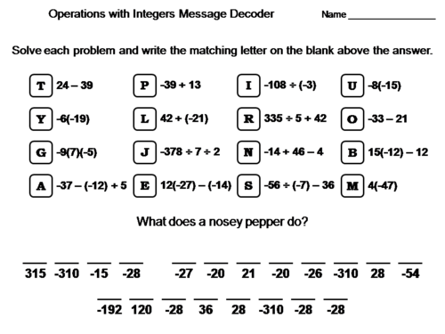 Operations with Integers Activity: Math Message Decoder