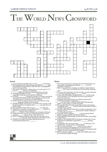 The World News Crossword - June 24th, 2018