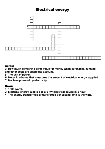 Electrical Energy Crossword and Answers Teaching Resources