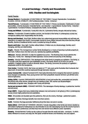 A Level Sociology - Families and Households - Sociologists and Studies List