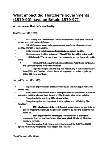Impact of Thatcher Governments on Britain - Full Revision booklet